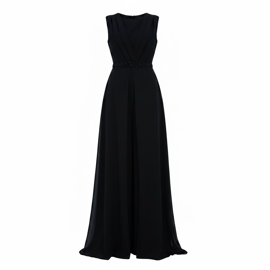 STONE-EMBELLISHED BELTED SLEEVELESS JUMPSUIT - BLACK