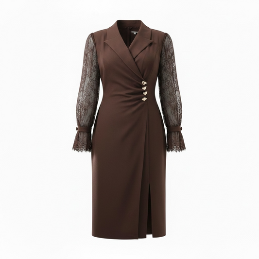 GOLD BUTTON DETAILED LACE SLEEVE WRAP DRESS – BROWN