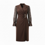 GOLD BUTTON DETAILED LACE SLEEVE WRAP DRESS – BROWN