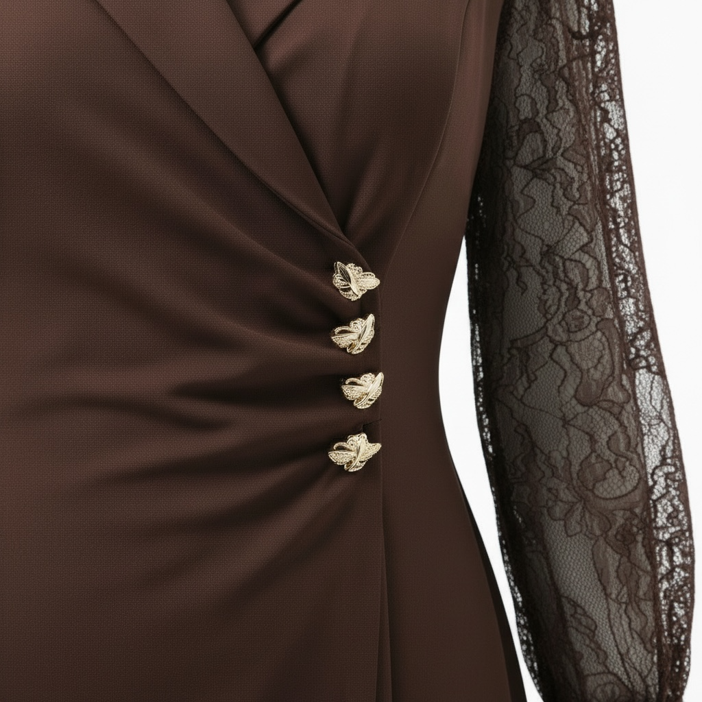 GOLD BUTTON DETAILED LACE SLEEVE WRAP DRESS – BROWN