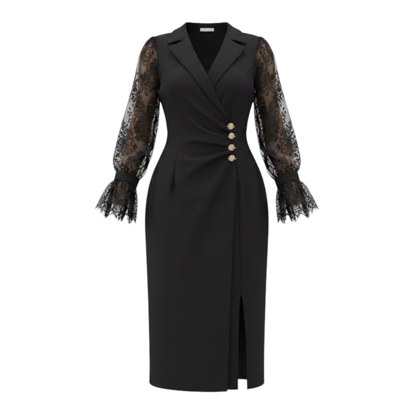 GOLD BUTTON DETAILED LACE SLEEVE WRAP DRESS – BLACK