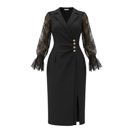 GOLD BUTTON DETAILED LACE SLEEVE WRAP DRESS – BLACK