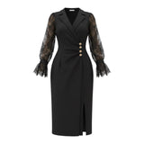 GOLD BUTTON DETAILED LACE SLEEVE WRAP DRESS – BLACK