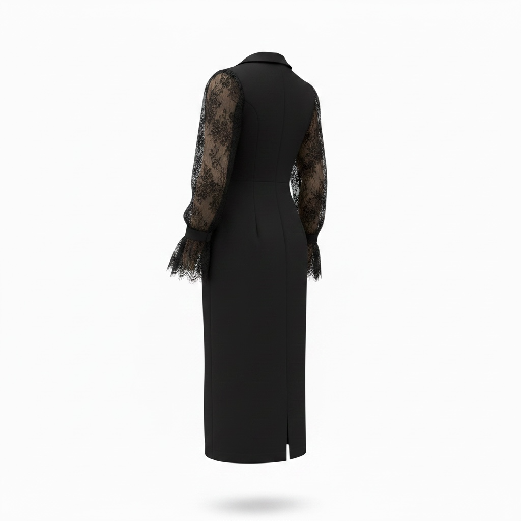 GOLD BUTTON DETAILED LACE SLEEVE WRAP DRESS – BLACK