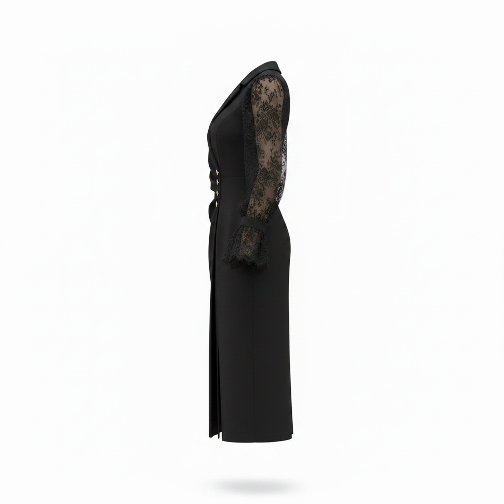 GOLD BUTTON DETAILED LACE SLEEVE WRAP DRESS – BLACK