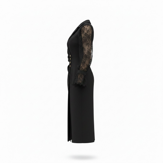 GOLD BUTTON DETAILED LACE SLEEVE WRAP DRESS – BLACK