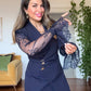 LACE SLEEVE DOUBLE-BREASTED BLAZER & WIDE-LEG TROUSER SUIT – NAVY