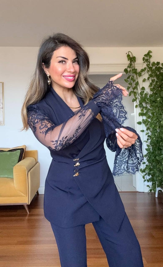 LACE SLEEVE DOUBLE-BREASTED BLAZER & WIDE-LEG TROUSER SUIT – NAVY
