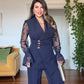 LACE SLEEVE DOUBLE-BREASTED BLAZER & WIDE-LEG TROUSER SUIT – NAVY