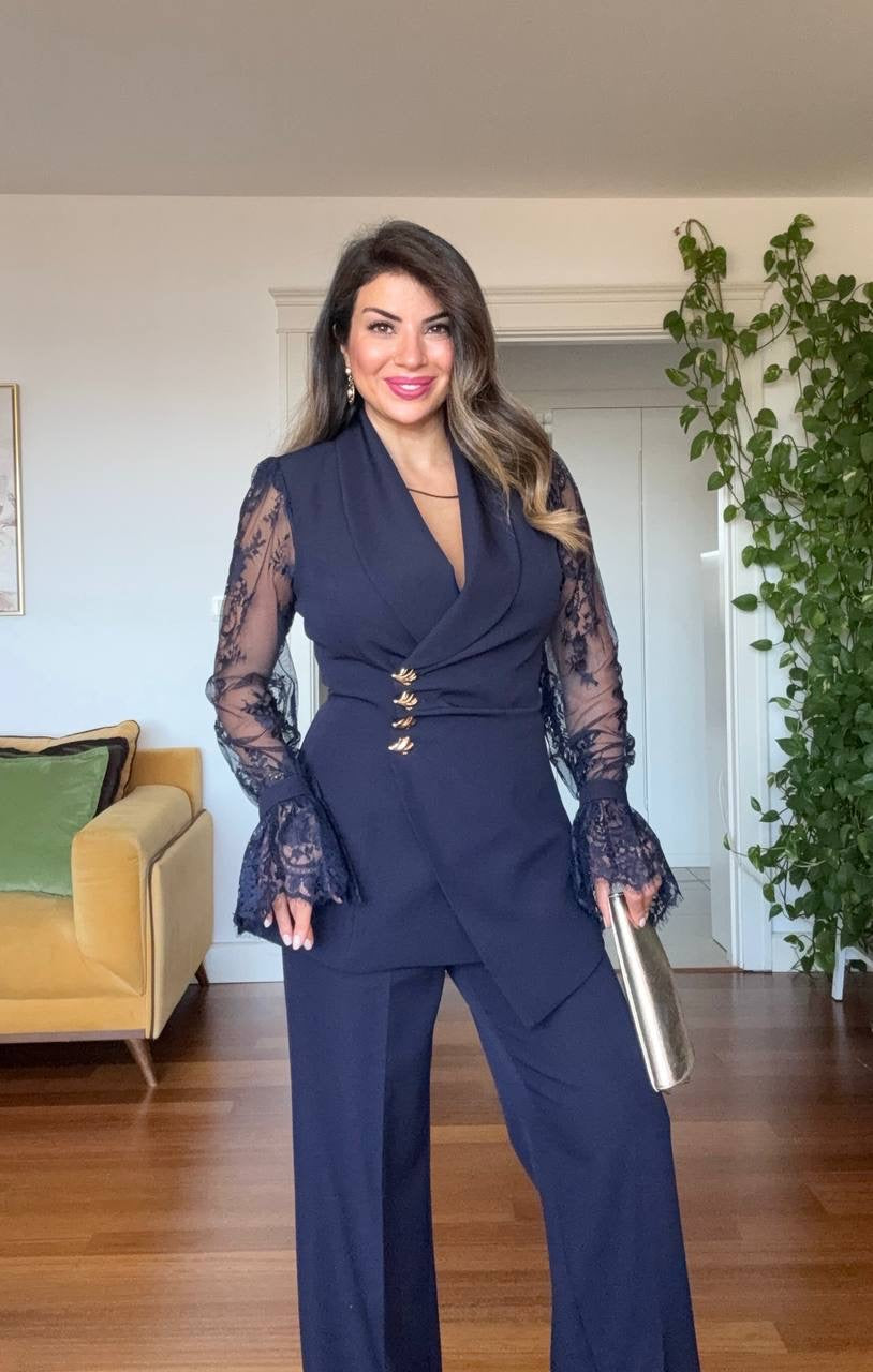 LACE SLEEVE DOUBLE-BREASTED BLAZER & WIDE-LEG TROUSER SUIT – NAVY