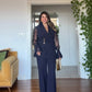 LACE SLEEVE DOUBLE-BREASTED BLAZER & WIDE-LEG TROUSER SUIT – NAVY