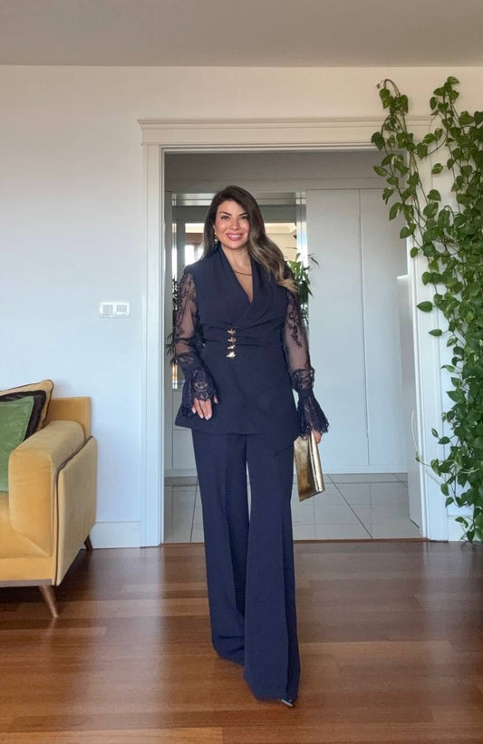 LACE SLEEVE DOUBLE-BREASTED BLAZER & WIDE-LEG TROUSER SUIT – NAVY