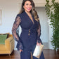 LACE SLEEVE DOUBLE-BREASTED BLAZER & WIDE-LEG TROUSER SUIT – NAVY