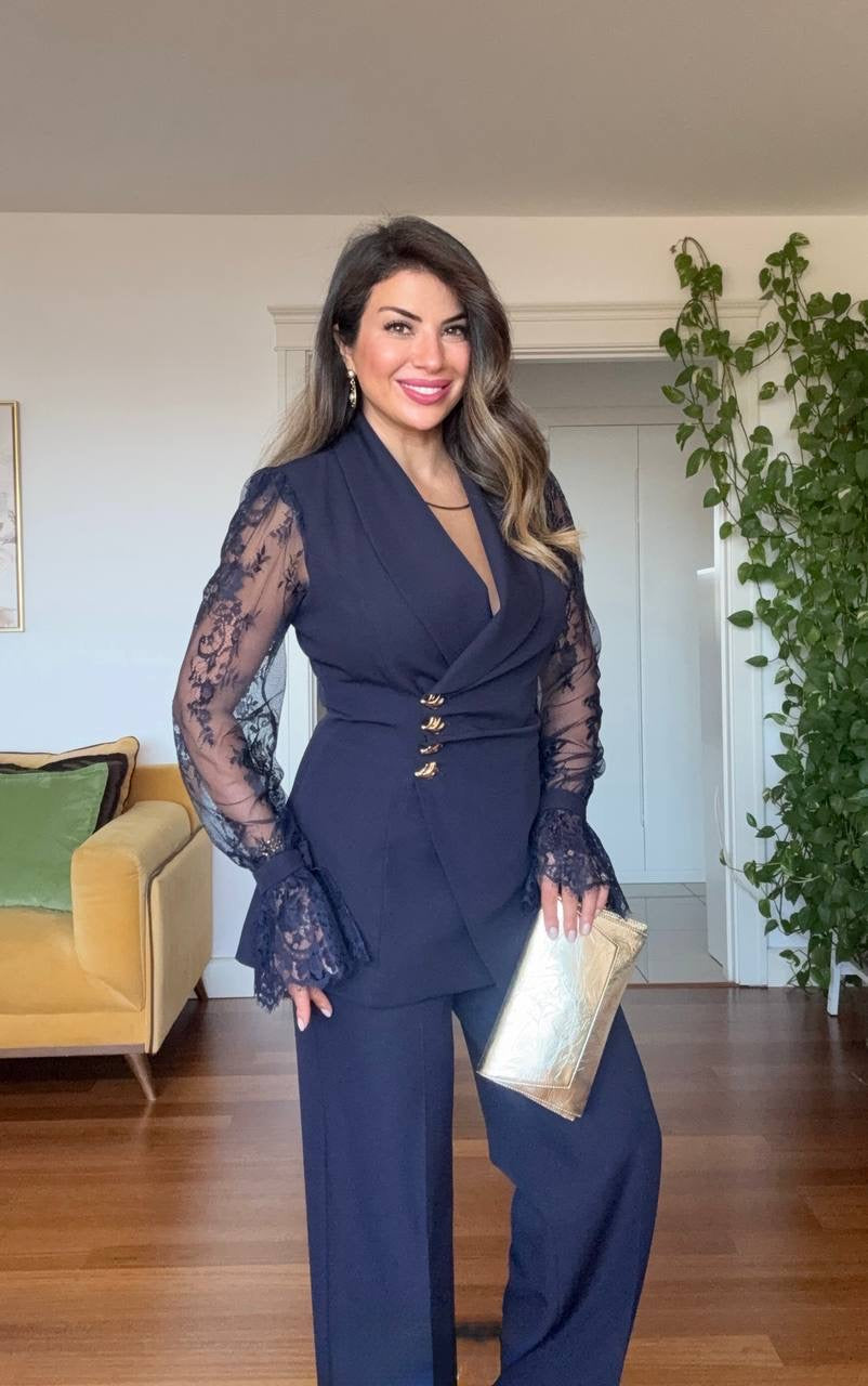 LACE SLEEVE DOUBLE-BREASTED BLAZER & WIDE-LEG TROUSER SUIT – NAVY