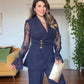 LACE SLEEVE DOUBLE-BREASTED BLAZER & WIDE-LEG TROUSER SUIT – NAVY