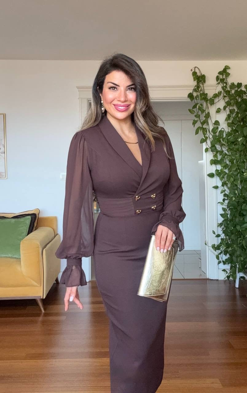 DOUBLE BUTTON DRESS - DARK BROWN