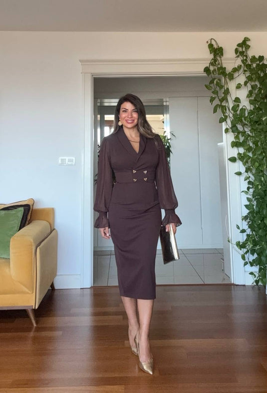 DOUBLE BUTTON DRESS - DARK BROWN