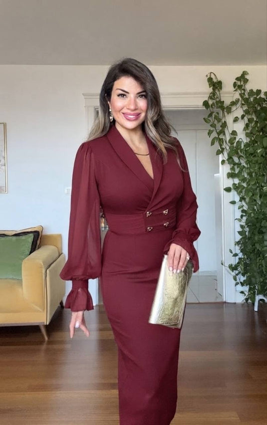 DOUBLE BUTTON DRESS - BURDUNDY