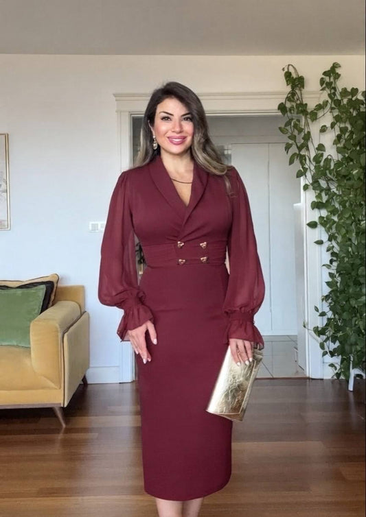 DOUBLE BUTTON DRESS - BURDUNDY