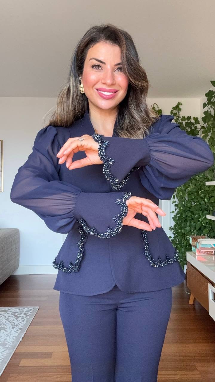 EMBELLISHED CHIFFON SLEEVE BLAZER SUIT - NAVY
