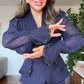 EMBELLISHED CHIFFON SLEEVE BLAZER SUIT - NAVY