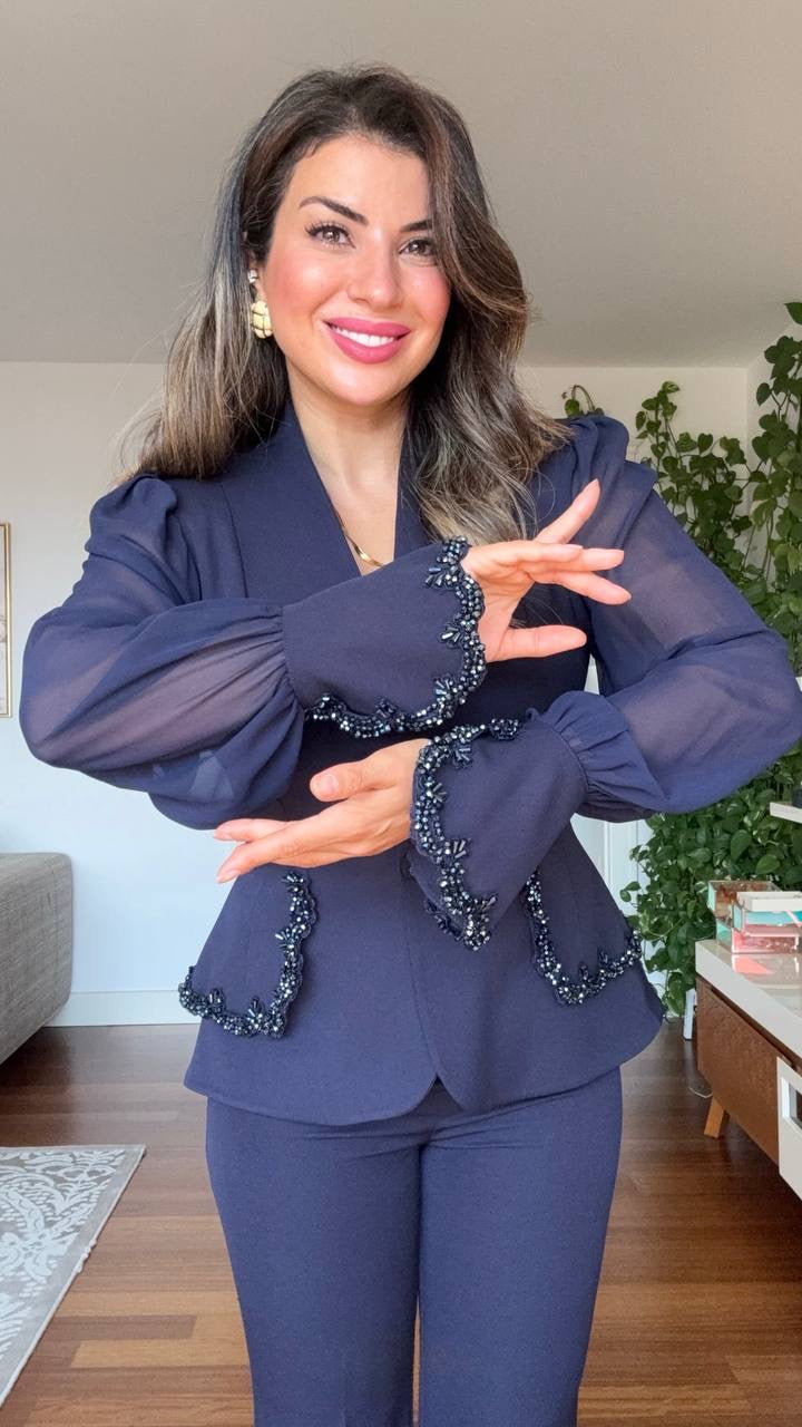 EMBELLISHED CHIFFON SLEEVE BLAZER SUIT - NAVY