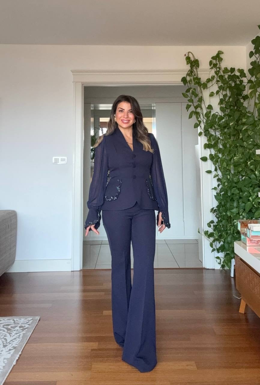 EMBELLISHED CHIFFON SLEEVE BLAZER SUIT - NAVY
