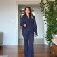 EMBELLISHED CHIFFON SLEEVE BLAZER SUIT - NAVY