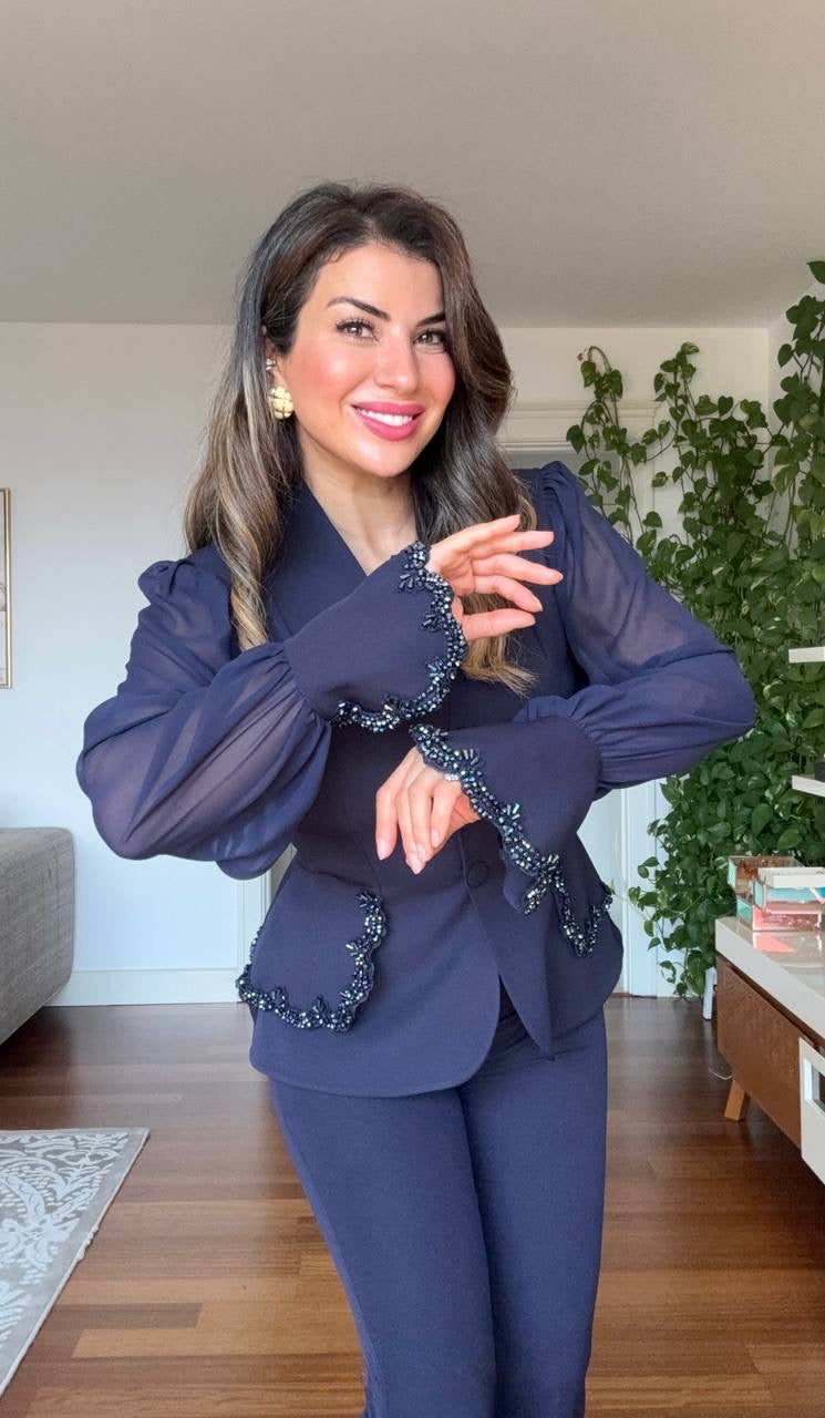 EMBELLISHED CHIFFON SLEEVE BLAZER SUIT - NAVY