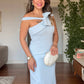 BOW DETAIL ONE SHOULDER SLIT MIDI DRESS - BABY BLUE