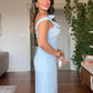 BOW DETAIL ONE SHOULDER SLIT MIDI DRESS - BABY BLUE