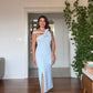 BOW DETAIL ONE SHOULDER SLIT MIDI DRESS - BABY BLUE