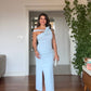 BOW DETAIL ONE SHOULDER SLIT MIDI DRESS - BABY BLUE