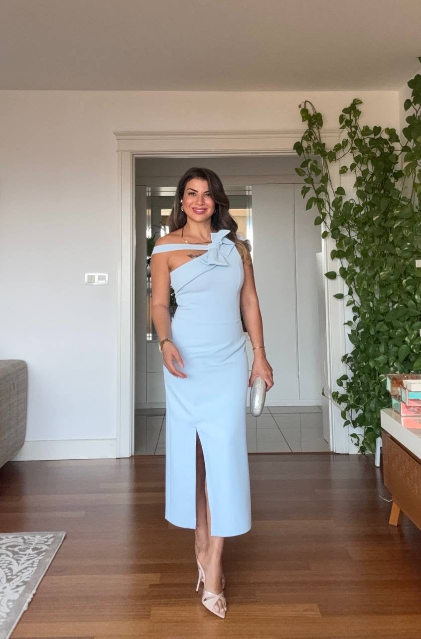 BOW DETAIL ONE SHOULDER SLIT MIDI DRESS - BABY BLUE