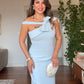 BOW DETAIL ONE SHOULDER SLIT MIDI DRESS - BABY BLUE