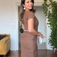 V-NECK SHORT SLEEVE MIDI DRESS - BROWN