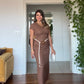 V-NECK SHORT SLEEVE MIDI DRESS - BROWN