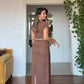 V-NECK SHORT SLEEVE MIDI DRESS - BROWN