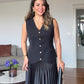 PLEATED SKIRT & BUTTONED VEST SET - BLACK