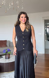 PLEATED SKIRT & BUTTONED VEST SET - BLACK