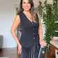 PLEATED SKIRT & BUTTONED VEST SET - BLACK