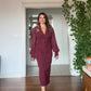 BEADED EMBROIDERED CHIFFON SLEEVE MIDI DRESS - BURGUNDY