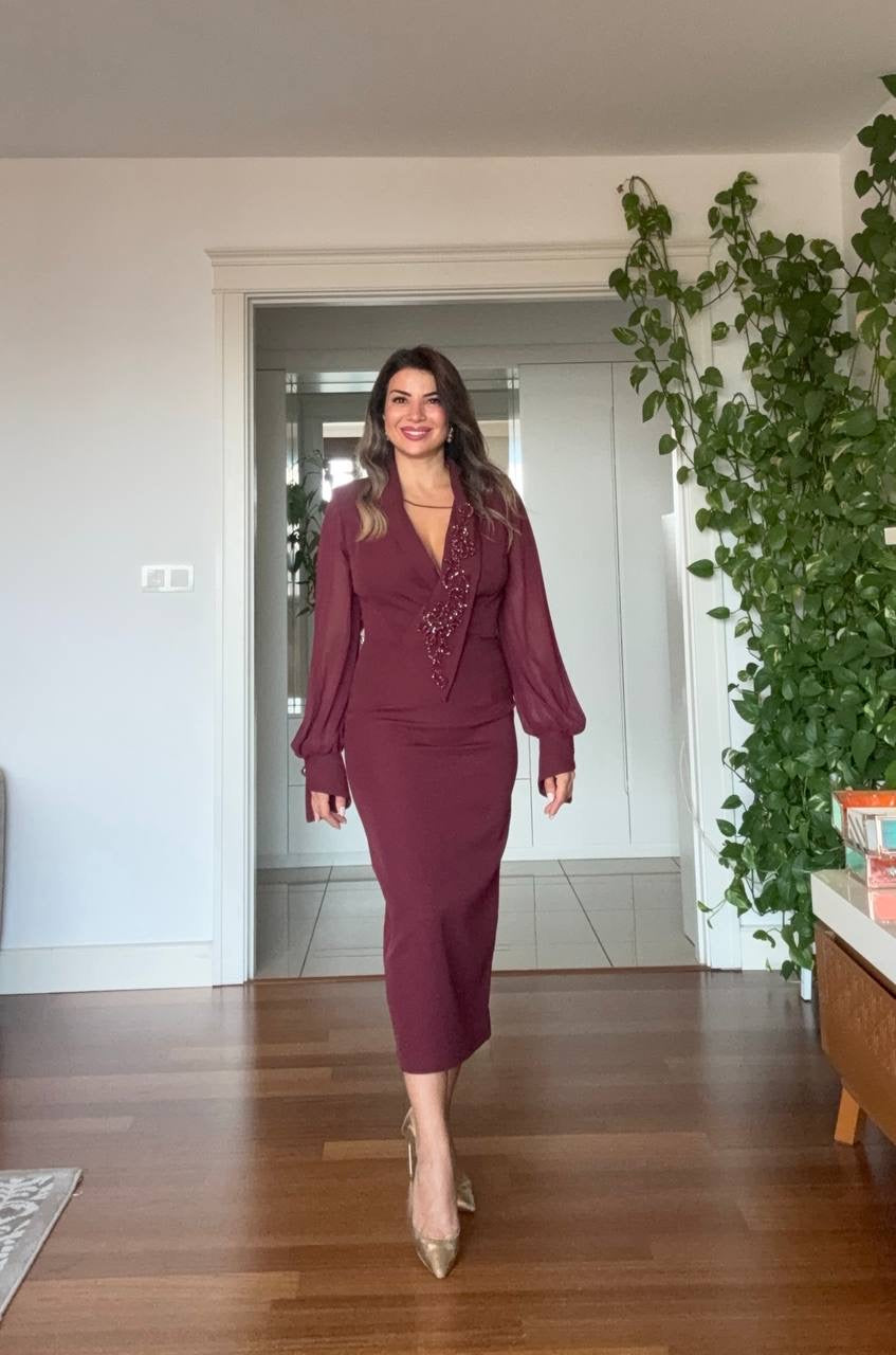 BEADED EMBROIDERED CHIFFON SLEEVE MIDI DRESS - BURGUNDY