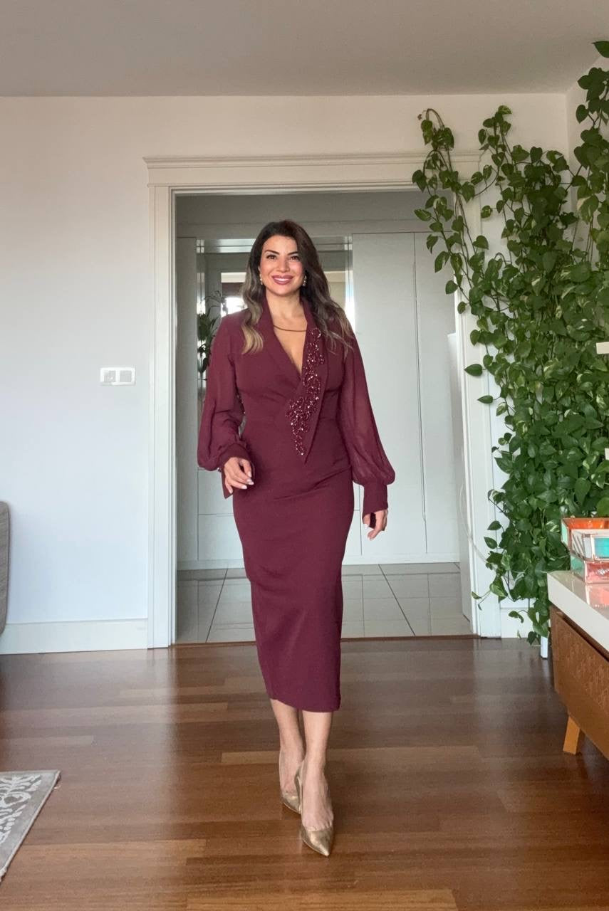 BEADED EMBROIDERED CHIFFON SLEEVE MIDI DRESS - BURGUNDY