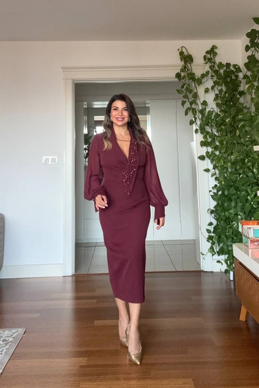 BEADED EMBROIDERED CHIFFON SLEEVE MIDI DRESS - BURGUNDY