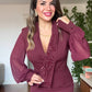 BEADED EMBROIDERED CHIFFON SLEEVE MIDI DRESS - BURGUNDY
