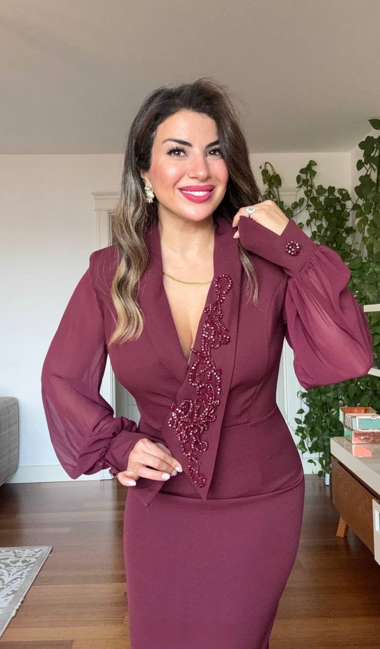 BEADED EMBROIDERED CHIFFON SLEEVE MIDI DRESS - BURGUNDY