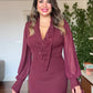 BEADED EMBROIDERED CHIFFON SLEEVE MIDI DRESS - BURGUNDY