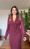 BEADED EMBROIDERED CHIFFON SLEEVE MIDI DRESS - BURGUNDY