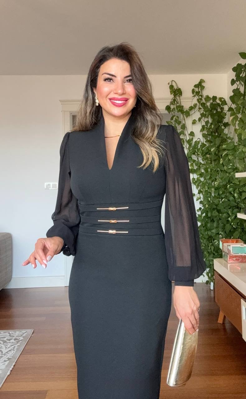 BALLOON SLEEVE CORSET MIDI DRESS - BLACK